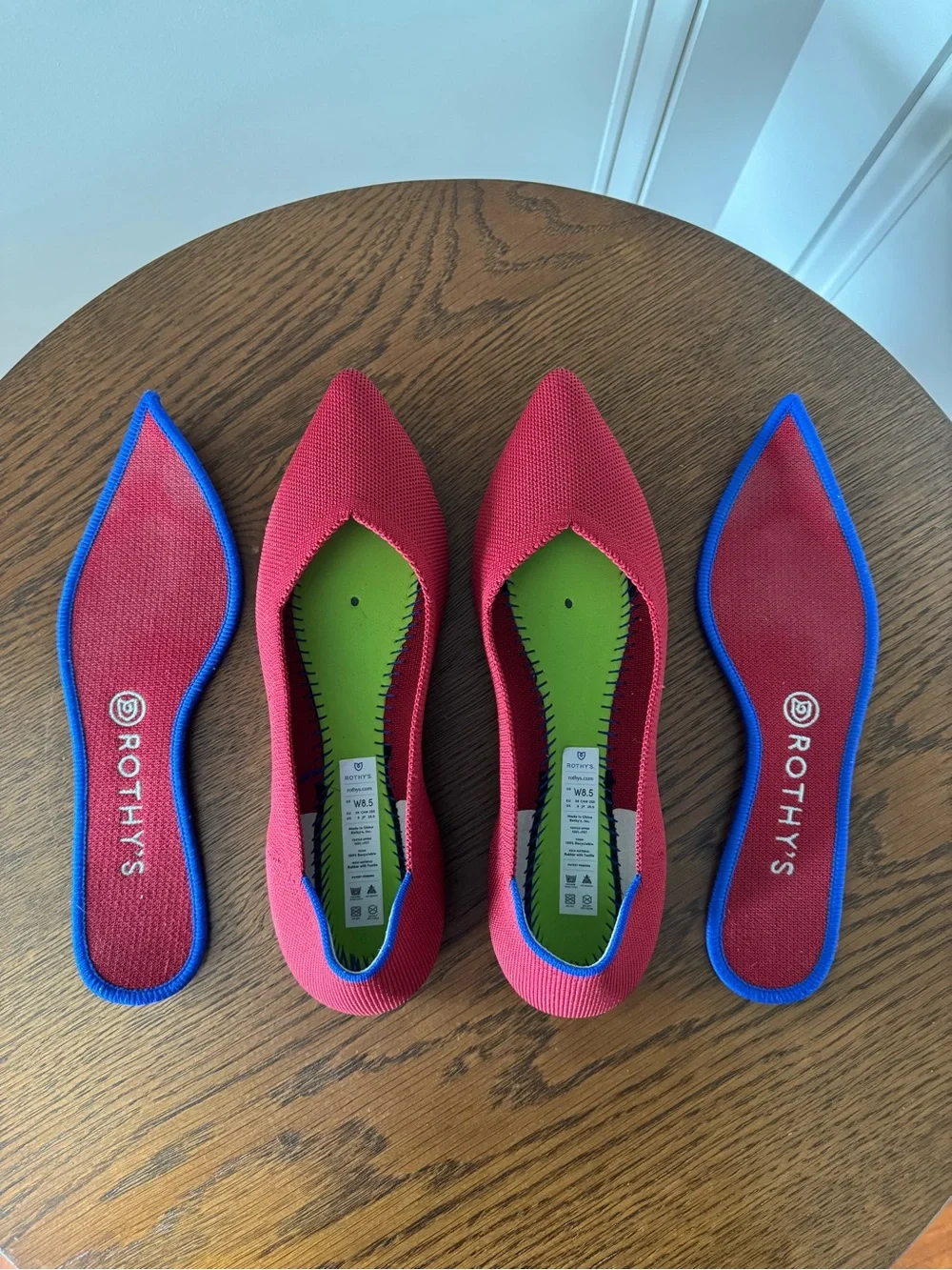 Rothy's Women's Pointed Red Knit Flats with Blue Trim